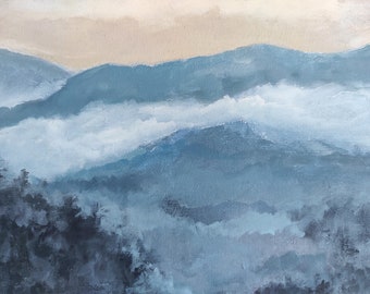 Original Oil Painting: Misty Mountain Landscape Art, Blue Gray Canvas
