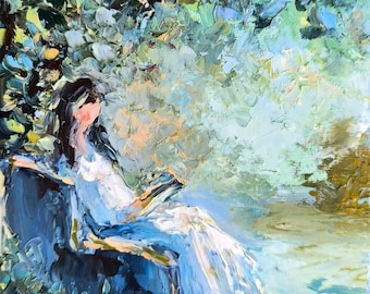 Summer Reading Original Oil Painting, Woman Reading in Garden, Small Artwork, Book Lover Gift 6x6 Inches