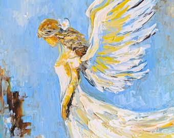 Impasto Angel Painting: Original Art, White Wings, Blue Wall Decor