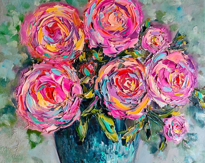 Pink Roses Impasto Art Palette Knife Oil Painting Textured Floral ...
