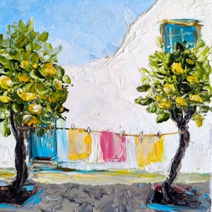 Greek Village Art Original Santorini Painting Lemon Tree Decor Coastal Wall Art