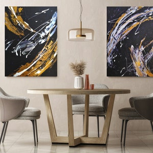 Black Gold Abstract Diptych Large Modern Wall Art Set Contemporary Acrylic Painting