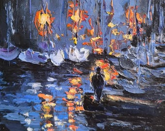 Night Harbor Oil Painting, Man on Pier, Original Nautical Art