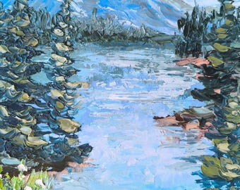 Blue Mountain Lake Oil Painting, Pine Forest Landscape, 8x10 Inch Original Art