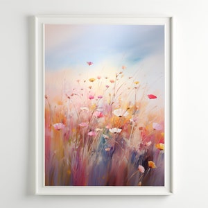 Pastel Field Flowers Painting Watercolor Art Print Wildflowers Landscape Painting Neutral Wall Decor