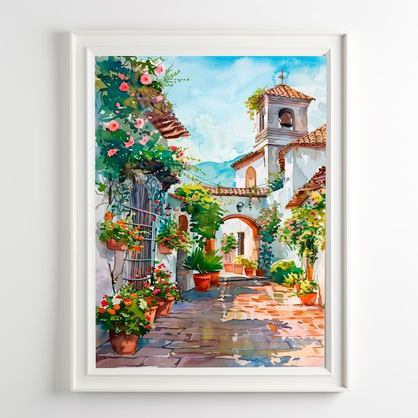 Spain Painting Andalucia Garden Art Watercolor Print Farmhouse Wall Decor