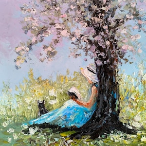 Girl Reading Painting Original Cherry Blossom Tree Art 6 by 6 oil artwork