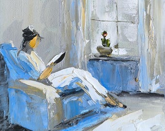 Morning Reading Painting, Book Lover Wall Art, Original Oil Painting