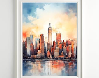 New York Skyline Art Sunrise Painting Watercolor Print City Wall Art