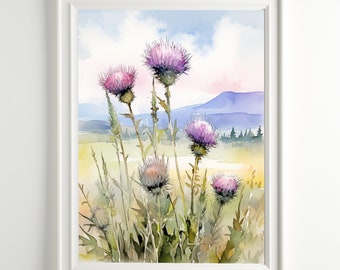 Scottish Thistle Watercolor Art Print Thistle Wildflowers Painting Meadow Mountain Landscape Wall Art