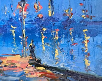 Man Pier Painting, Harbor at Night, Original Oil Painting