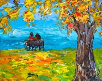 Couple Lake Painting, Romantic Autumn Landscape, Original Oil Painting, Fall Wall Art