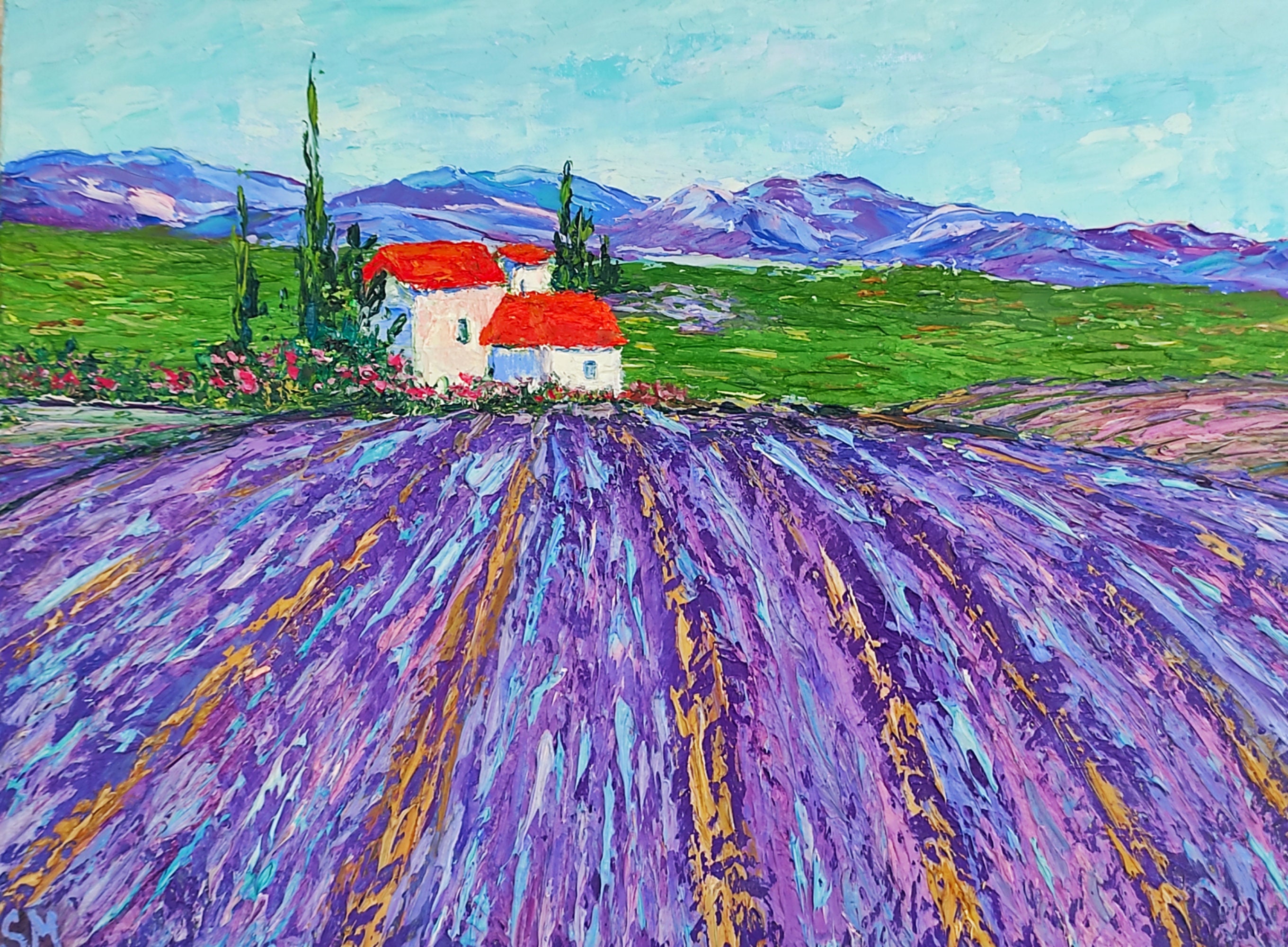 Tuscany Painting Lavender Field Original Art Small Landscape Oil ...