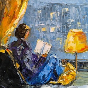 Femme lisant avec un petit chat, peinture à l'huile originale empâtement, cadeau d'art confortable