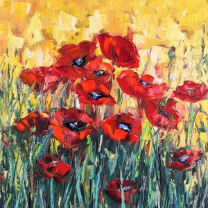 Rote Mohnblumen Ölgemälde Strukturiertes Kunstwerk Sommer Blumen Wandkunst Feldlandschaft