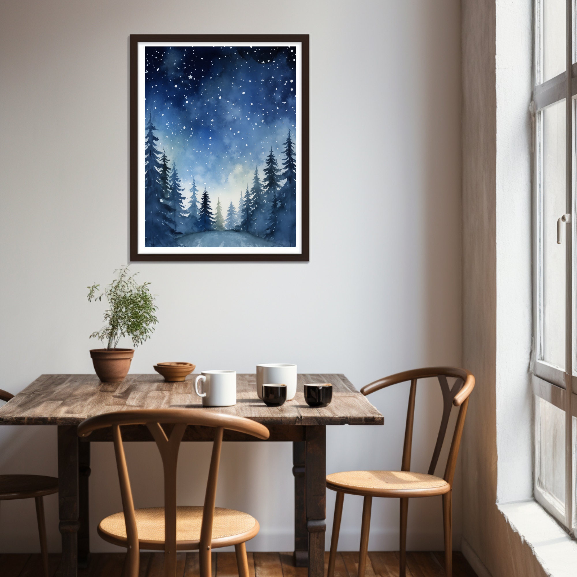 Night Sky Forest Painting Pine Trees Winter Landscape Night Sky Print ...