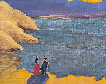 Couple by the Sea Painting, Romantic Coastal Landscape, Original Oil Painting