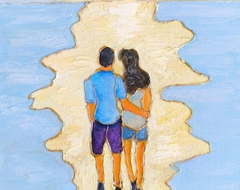 Romantic Sunset Couple Oil Painting Mini Original Art