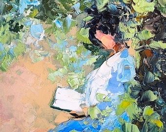 Reading Woman in the Garden Oil Painting, Book Lover Art, Original Miniature Artwork 6x6 Inches