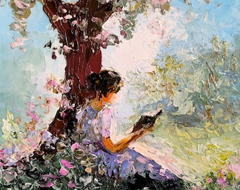 Girl Reading Oil Painting: Cottagecore Book Lover Art, 6x6 Canvas