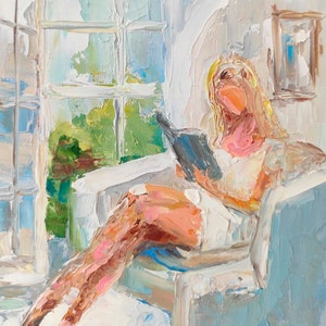 Impasto Woman Reading Painting: Blonde Hair, Faceless Art, 6x6" Original image 1