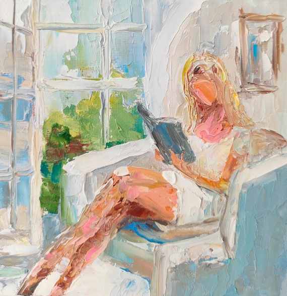 Impasto Woman Reading Painting: Blonde Hair, Faceless Art, 6x6" Original