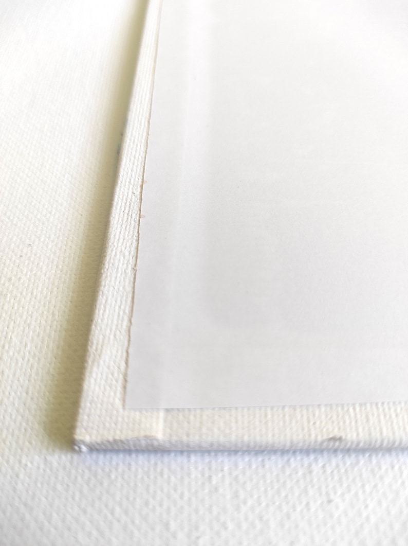 May include: Close-up of the edge of a white canvas, showing the raw canvas texture and the smooth, white surface of the stretched canvas.