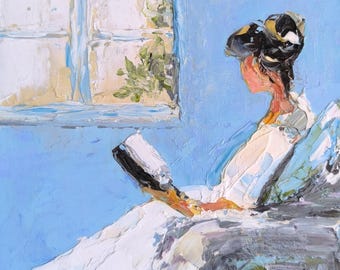 Morning Reading Painting, Book Lover Wall Art, Original Oil Painting, Woman Reading by Window, Miniature 6x6 Inches