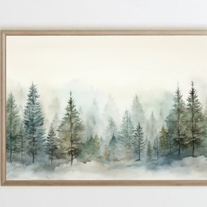 Snow White Pine Trees Painting White Winter Landscape Watercolor Art Print Christmas Neutral wall art