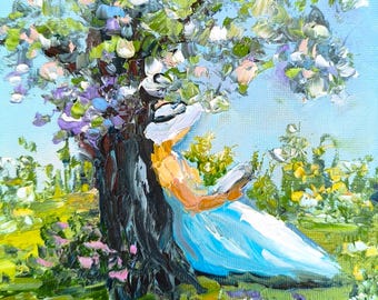Reading in the Summer Garden, Original Oil Painting