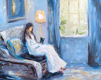 Woman Blue Painting, Large Square Original Oil Painting, Woman Reading in Blue Interior, Original Book Lover Wall Art, 20x20 Inches