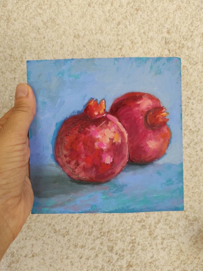 Pomegranate Painting small Original Art Pomegranate Still life Artwork Small Oil Painting 6 by 6 Pomegranate wall art image 4