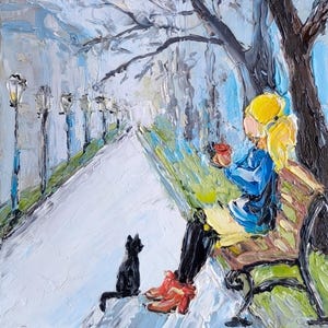 Fille chat art original banc de parc toile texturée confortable art miniature 6 x 6