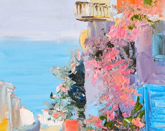Mediterranean Balcony Oil Painting, Pink Bougainvillea Coastal Art