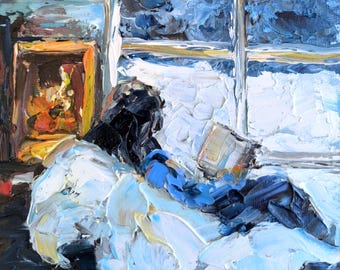 Woman Reading by Winter Window, Original Oil Painting, Miniature 6x6 Inches