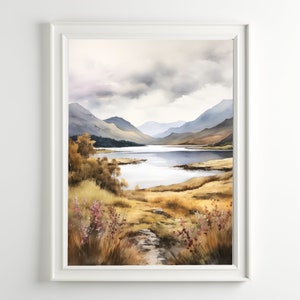 Scotland Print Landscape Watercolor Painting Mountain Scotland Field Wall Art