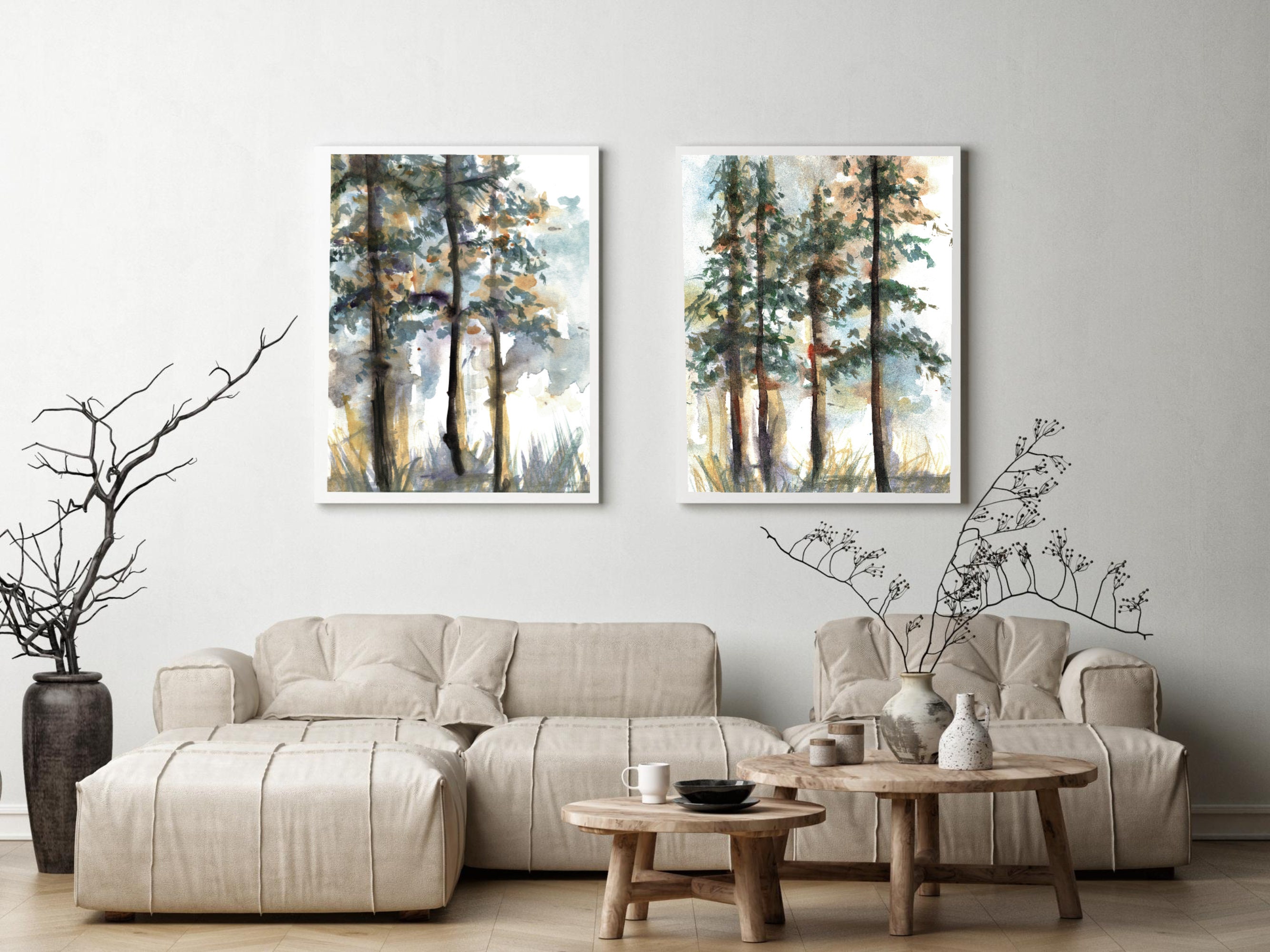 Pine Trees Forest Wall Art Set of 2 Prints Watercolor Painting Nature ...