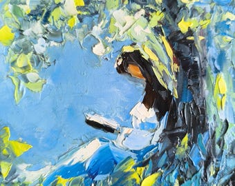 Woman Reading Under a Tree, Original Oil Painting, Small Book Lover Art