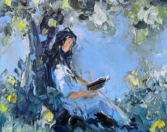 Woman Reading Under Tree, Book Lover Wall Art, Original Oil Painting, Garden Reading Artwork