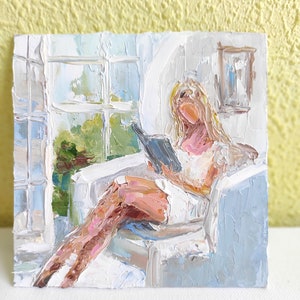 Impasto Woman Reading Painting: Blonde Hair, Faceless Art, 6x6" Original image 3