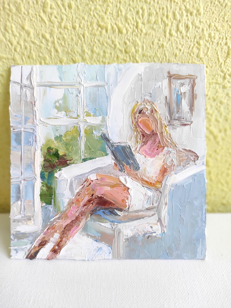 Impasto Woman Reading Painting: Blonde Hair, Faceless Art, 6x6" Original image 3