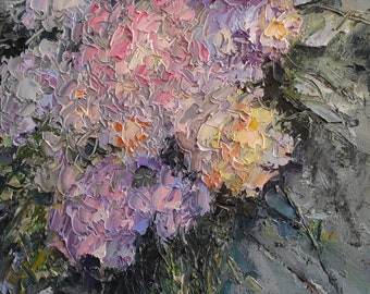 Art mural floral pittoresque, peinture à l'huile empâtement, bouquet lilas, gris, jour de pluie