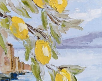 Lemon Painting Original, Mediterranean Oil Art