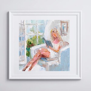 Impasto Woman Reading Painting: Blonde Hair, Faceless Art, 6x6" Original image 9