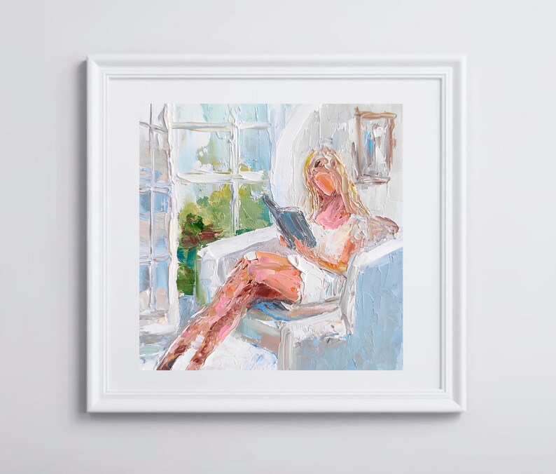 Impasto Woman Reading Painting: Blonde Hair, Faceless Art, 6x6" Original image 9