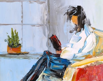 Reading Nook Painting, Woman with Book, Original Oil Painting