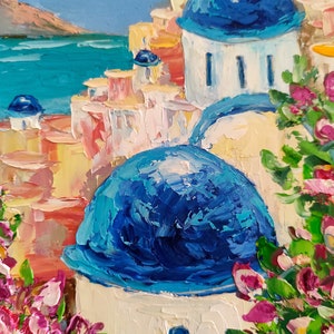 Santorini Wall Art Original Oil Painting Impasto Greek Island Scene Mediterranean Decor Blue Dome Small Artwork