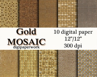 Złoty papier mozaikowy cyfrowy: tło z wzorem 12x12 (pobranie cyfrowe)