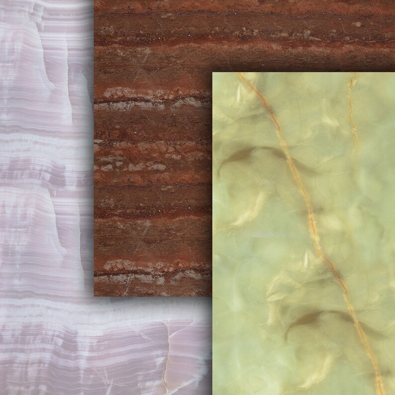 May include: A composite image showcasing three different stone textures. The left side features a light pink and white veined pattern. The center displays a reddish-brown, layered stone. The right side shows a light green stone with subtle veining.