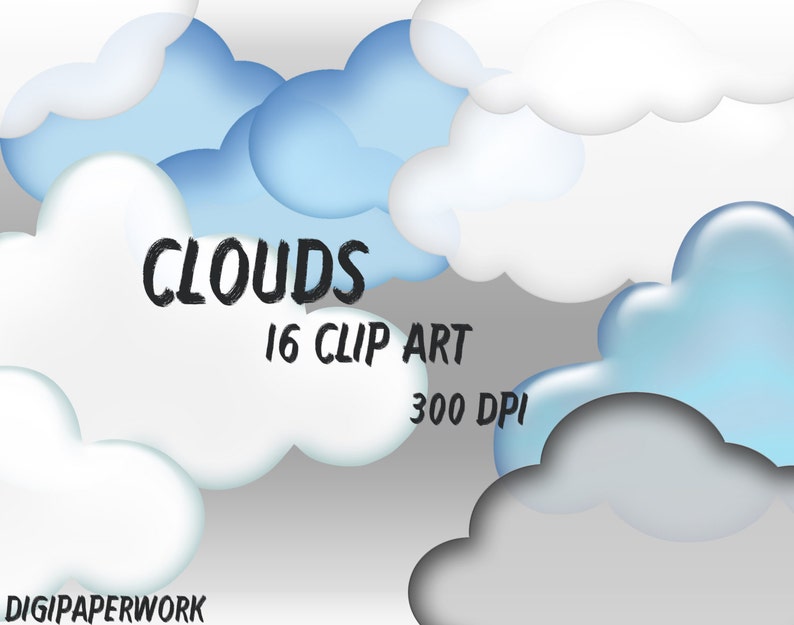 Cloud Clip Art Clouds Clipart Printable Digital 16 Clouds Scrapbooking ...